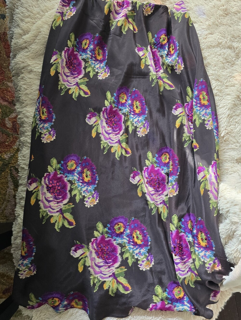 Vintage Sequin Floral Silk Midi Skirt